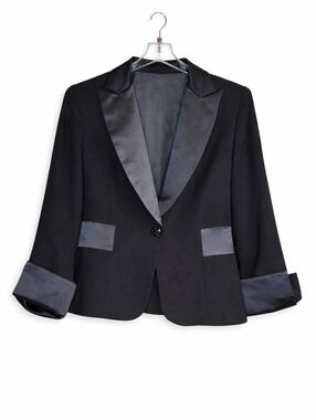 Kay Unger New York 90s Black Tuxedo Sheer Back Satin Trim Single Button Blazer